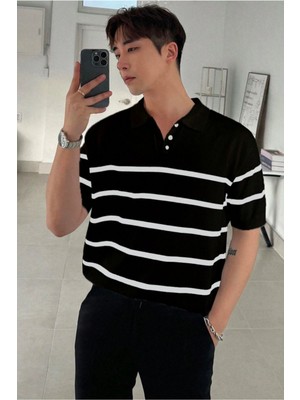 Cool Street Erkek Düğmeli Polo Yaka Çizgi Detaylı Slim Fit Triko T-Shirt