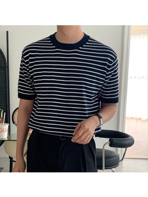 Cool Street Erkek Lacivert Kısa Kollu Fitilli Akrilik-Pamuk Karışımlı Triko T-Shirt