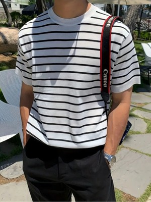 Cool Street Erkek Mavi Kısa Kollu Fitilli Akrilik-Pamuk Karışımlı Triko T-Shirt