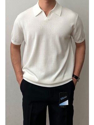 Cool Street Erkek Beyaz Patlı Kısa Kollu Polo Yaka Triko T-Shirt