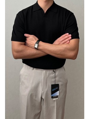 Cool Street Erkek Siyah Patlı Kısa Kollu Polo Yaka Triko T-Shirt