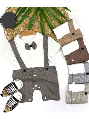 3-6-9-12 Ay Papyon Detaylı Çizgili Salopet Görünümlü Erkek Bebek Tulumu