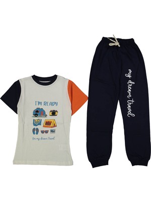 Erkek Çocuk Ekru Füme Yakalı Kamp Baskılı Pijama Takımı - 1013845
