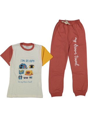 Erkek Çocuk Ekru Turuncu Kamp Baskılı Pijama Takımı - 1013846