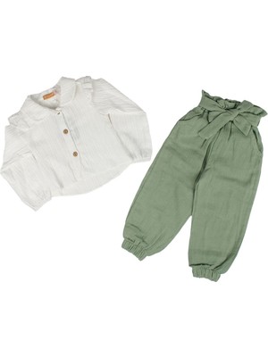 Kız Çocuk Beyaz Yeşil Müslin Pantolonlu Yakalı 2'li Takım - 1015587