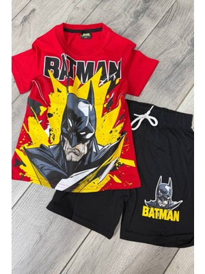 Batman Baskılı Kırmızı Tişört ve Siyah Şort Yazlık Çocuk Takım