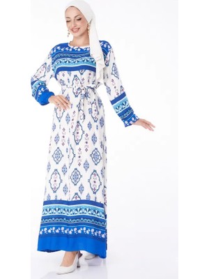Düz Bisiklet Yaka Kadın Mavi Etnik Desenli Elbise