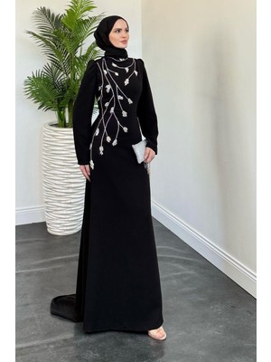 Arinya Yandan Taşlı Kuyruklu Abiye Siyah