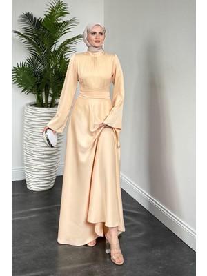 Violet Ispanyol Kol Belden Bağlama Saten Elbise Kavun Içi