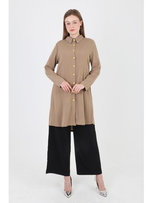 Önden Düğmeli,gömlek Yaka,viskon Kumaş Kahverengi Tesettüre Uygun Tunik