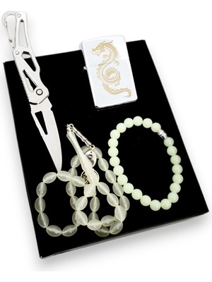 SürLaz 4 Parça Gümüş Set Kedi Gözü Tesbih ve Bileklik Ejderha Desenli Çakmak Katlanabilir Cep Çakısı Kutulu