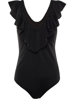 Büyük Beden Destekli Toparlayıcı Askılı Derin V Yaka Siyah Derin Volanlı Mayo