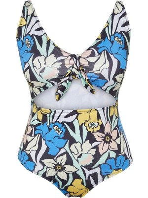 Büyük Beden Destekli Suya Dayanıklı Askılı Derin V Yaka Bağlama Detaylı Floral Desenli Mayo