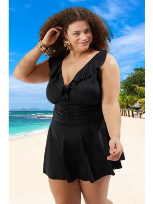 Konforlu Modern Büzgülü Büyük Beden Mayo Plus Size Uv Korumalı Özgüvenli Stil
