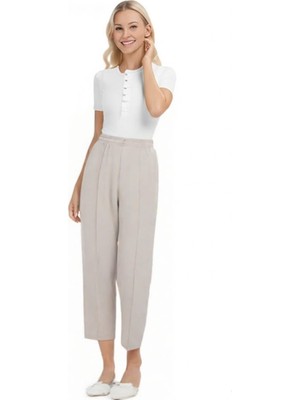 Kadın Beli Lastikli Ön Dikiş Detaylı Dekoratif Çift Düğmeli Nude Slim Fit Pantolon