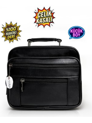 Westbag Erkek Siyah Yatay Model Çelik Kasalı Küçük Boy Hakiki Deri El ve Omuz Çantası