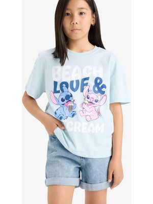 DeFacto Kız Çocuk Disney Lilo & Stitch Relax Fit Bisiklet Yaka Kısa Kollu Tişört F5391A825HS