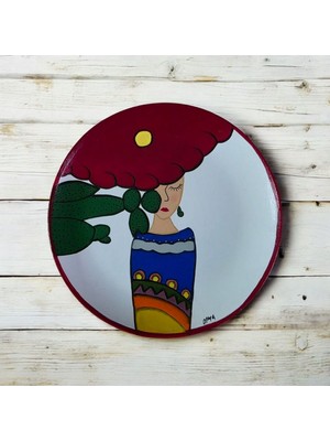 El Çizimi El Boyaması Duvar Tabağı 25 cm Kaktüs Temalı Duvar Dekoru Bohem Tabak