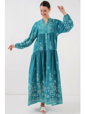 2423 Otantik Desenli Tesettür Elbise - Düz Lacivert