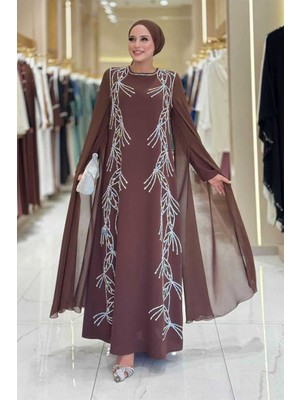 Kolları Pelerinli Taş Detaylı Abiye Elbise 3958 Kahverengi