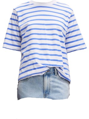 Kadın Mavi Çizgili Oversize Bisiklet Yaka Tişört
