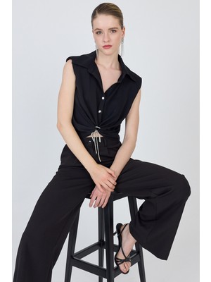 Siyah Ön Bağlama Detaylı Crop Bluz 241188