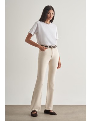 Mizalle Skinny Fit Flare Paça Ekru Denim Pantolon