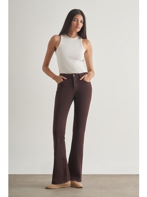 Mizalle Skinny Fit Flare Paça Kahverengi Denim Pantolon