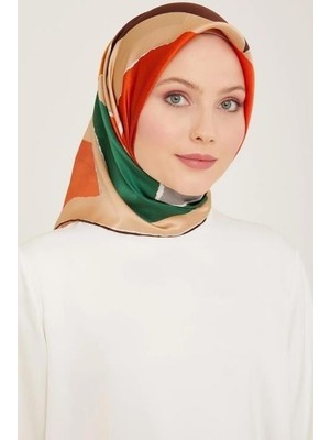 Armine Turuncu Yeşil  Karma Desen Tivil İpek Eşarp 9125 - 81
