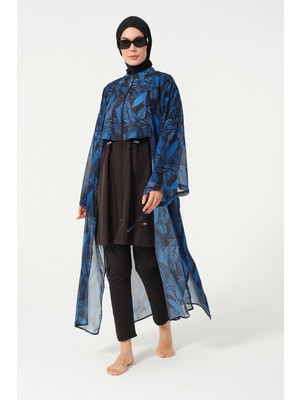 Tesmay Kadın Kemerli Şifon Pareo - 2630-25 Siyah Yaprak Desenli Hafif Kumaş ile Plaj İçin İdeal