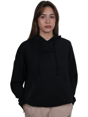 Kadın Yumuşak Dokulu Modal Kumaş Fermuar Cep Detaylı Rahat Kalıp Siyah Kapüşonlu Sweatshirt