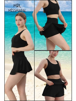 Mini Şort Etek Görünümü Etek Içi Şortlu Cepli Spor Tasarım Tenis Deniz Havuz Fitness SIYAH1107