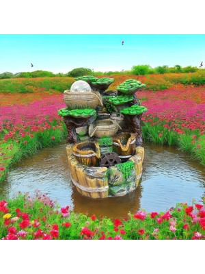 LED Işıklı Doğal Varil Tasarımlı Masaüstü Şelale Süs Havuzu