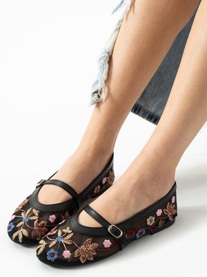 Günlük Kadın Babet Bantlı Lastik Tokalı Çiçek Detaylı Transparan Hafif Rahat Ayakkabı 304