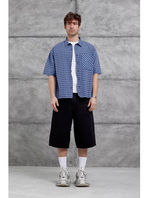 Turkuaz Kareli Kısa Kol Oversize Gömlek