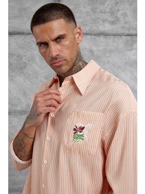 Somon Çizgili Modal Kumaş Oversize Gömlek