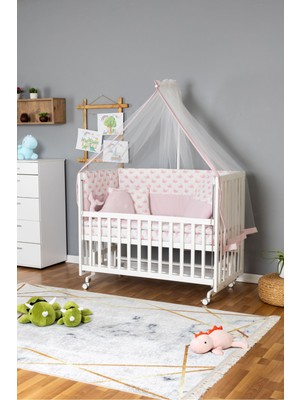 Bamgidoo Ahşap Beşik Anne Yanı Beşik Beyaz 60X120 - Pembe Balina Uyku Seti + Yataklı + Tekerlekli