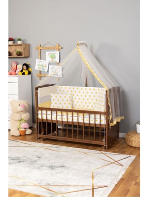 Bamgidoo Ahşap Beşik Anne Yanı Beşik Ceviz 60X120 - Sarı Yıldız Tek Yastık Uyku Seti + Yatak