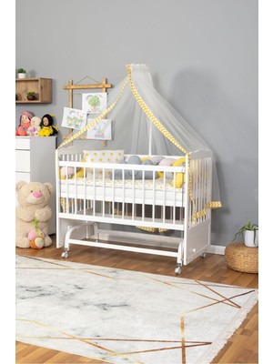 Bamgidoo Ahşap Anne Yanı Bebek Beşiği Yeni Doğan Portatif Beşik 60X120 Örgü Uyku Setli-Tekerlekli