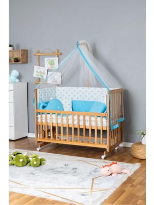 Bamgidoo Ahşap Beşik Anne Yanı Beşik Vernikli 60X120 - Mavi Balina Uyku Seti + Yataklı + Tekerlekli