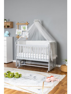 Bamgidoo Ahşap Beşik Anne Yanı Beşik Gri 70X130 - Beyaz Güpür Uyku Seti + Yataklı