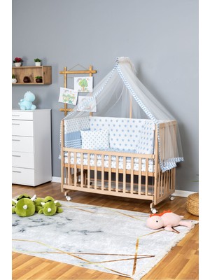 Bamgidoo Ahşap Beşik Anne Yanı Beşik Organik 70X130 - Mavi Yıldız 1 Yastıklı Uyku Seti + Yataklı + Tekerlekli