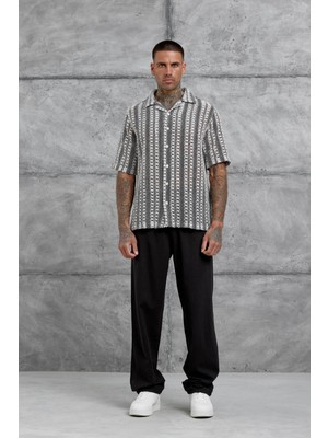 Siyah Ekru Örme Oversize Gömlek