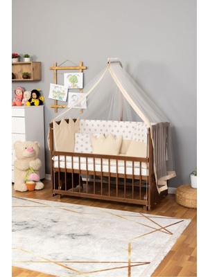 Bamgidoo Ahşap Beşik Anne Yanı Beşik Ceviz 60X120 - Krem Nakış(Yazısız) Uyku Seti + Yatak