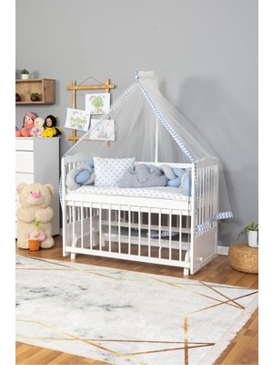 Bamgidoo Doğal Ahşap Anne Yanı Bebek Beşikleri - Mavi Gri Örgü Uyku Seti Seti Yatak