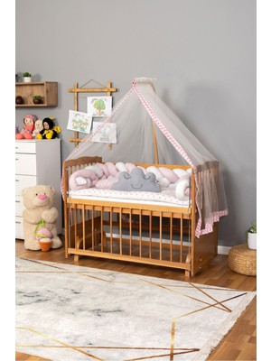 Bamgidoo Ahşap Beşik Anne Yanı Beşik Vernikli 60X120 - Pembe Beyaz Örgü Uyku Seti Seti + Yatak