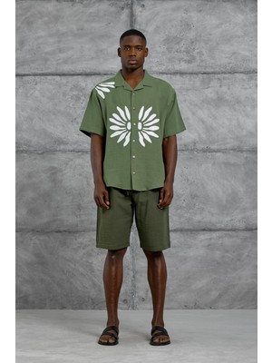 Haki Nmrc Çiçek Baskılı Kısa Kollu Oversize Gömlek