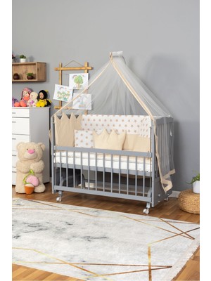 Bamgidoo Ahşap Beşik Anne Yanı Beşik Gri 60X120 - Krem Nakış(Yazısız) Uyku Seti + Yatak + Tekerlekli