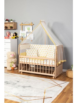 Bamgidoo Ahşap Beşik Anne Yanı Beşik Organik(Boyasız) 60X120-SARI Yıldız Tek Yastık Uyku Seti + Yatak