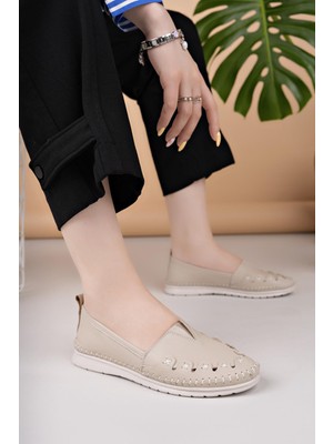 Nesil Shoes Knc 022 Bej Hakiki Soft Deri Kadın Ayakkabı
